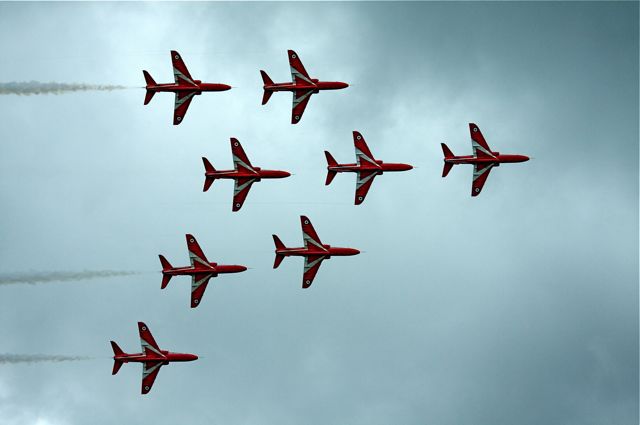 RAF Red Arrows, note the gap in formation as one of their pilots had been killed in a crash last month!